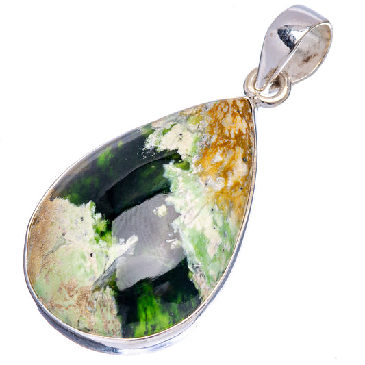 Green-and-black mottled teardrop chalcedony pendant with .925 sterling silver bail.