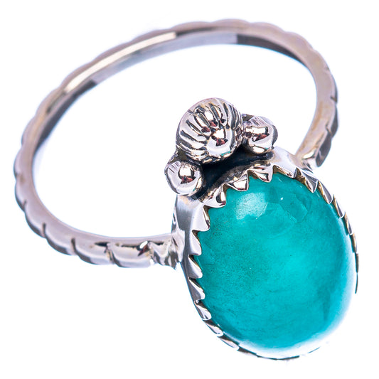 Sterling silver ring with oval turquoise amazonite and detailed floral prong setting