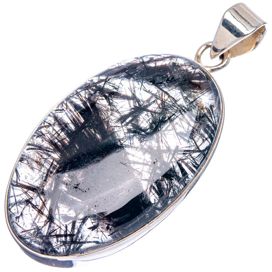 Oval tourmalinated quartz pendant in .925 sterling silver, silver stone with black needles