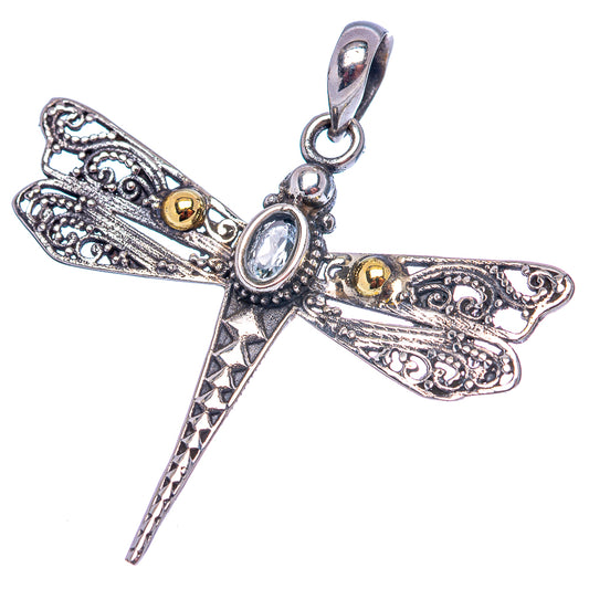 Sterling silver dragonfly pendant with blue oval stone, hanging bail, detailed filigree