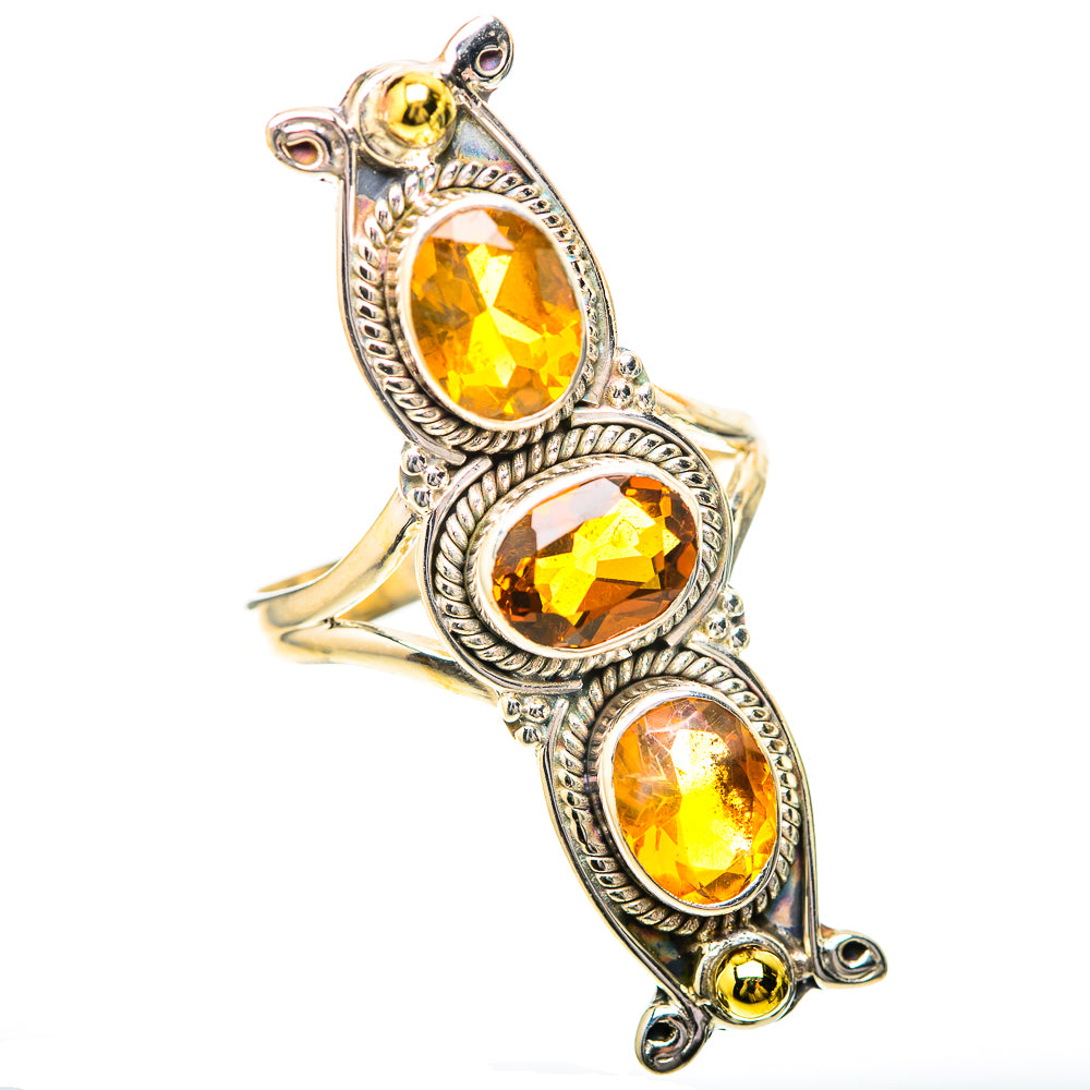 Faceted citrine-color oval ring in 925 sterling silver, three stones with prong accents