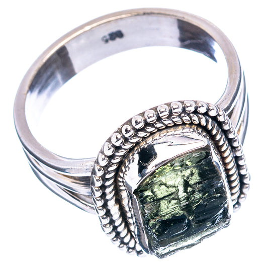 Sterling silver moldavite ring, size 6.5, green stone on twisted bead band, side view