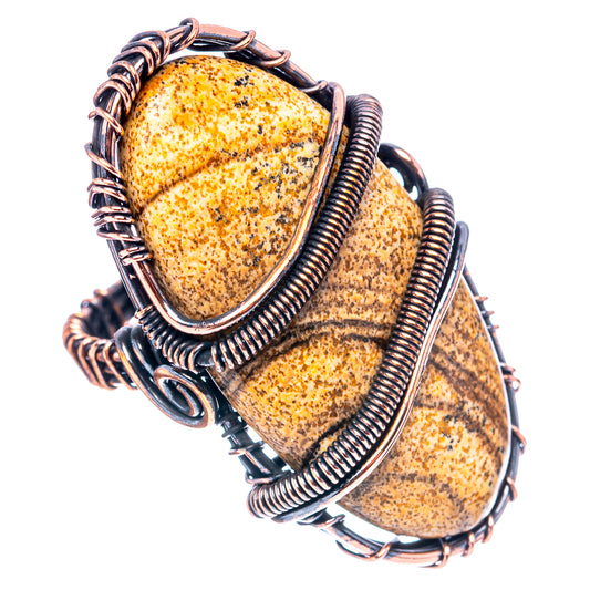 Oxidized copper wire-wrap ring with two oval picture jasper stones, textured band