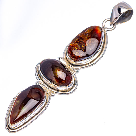 925 sterling silver fire agate pendant with linked ovals and top bail, amber brown