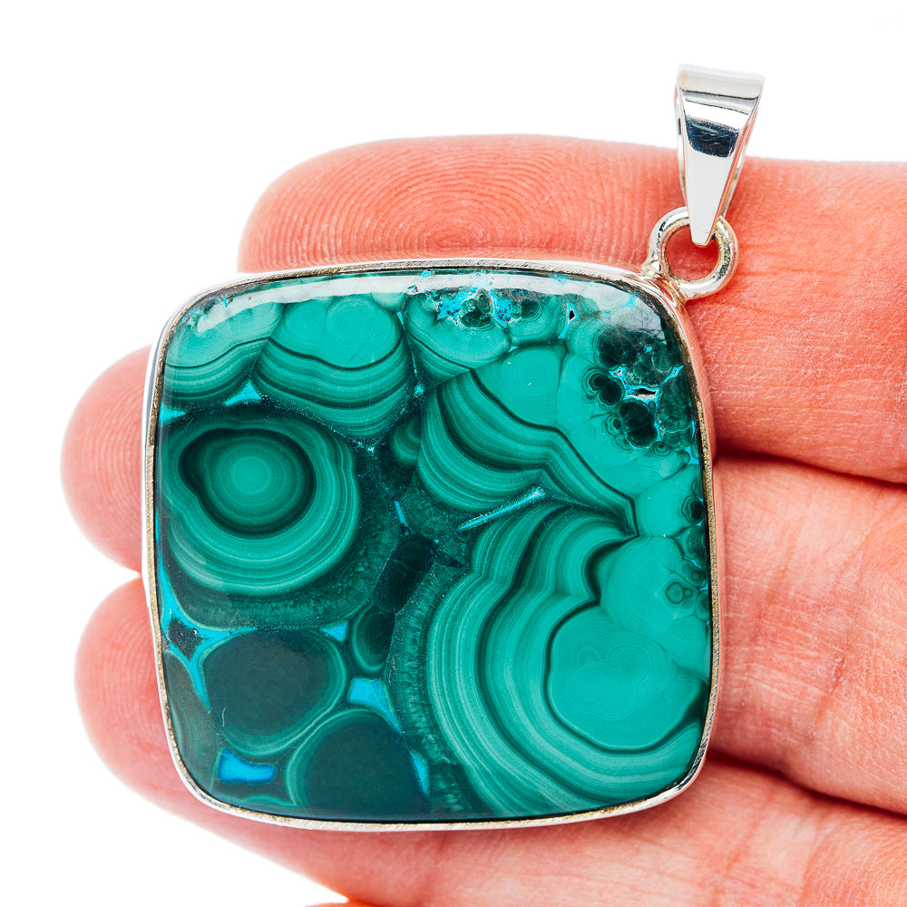 Huge Premium Malachite In Chrysocolla Pendant 2 1/8" (.925 Sterling Silver)