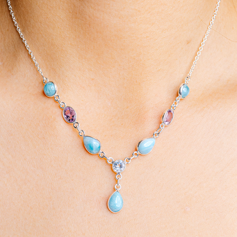 Larimar, Blue Topaz, Amethyst Necklace 15 to 16" (.925 Sterling Silver)