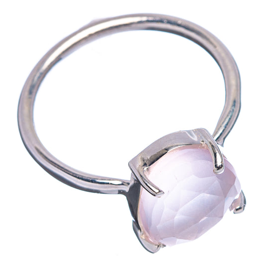 Rose quartz faceted ring on sterling silver band, square prong setting, side view