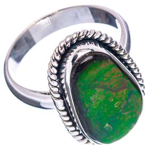 Sterling silver ammolite ring with green teardrop stone, rope-edge bezel and band