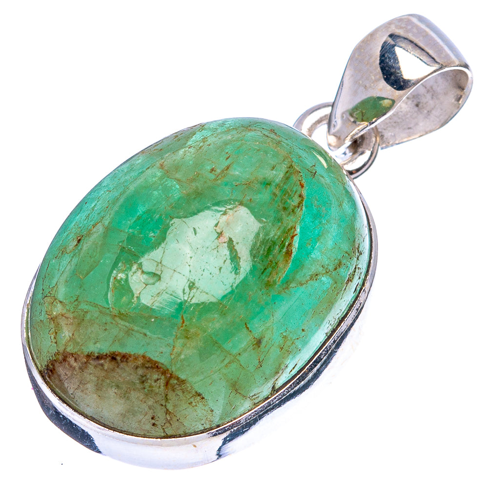 Large oval green emerald cabochon pendant in 925 sterling silver bezel, loop bail