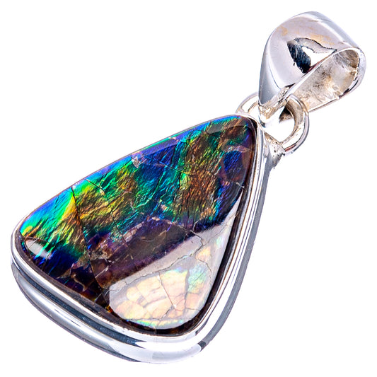 Sterling silver ammolite pendant, iridescent green-blue teardrop with polished bail