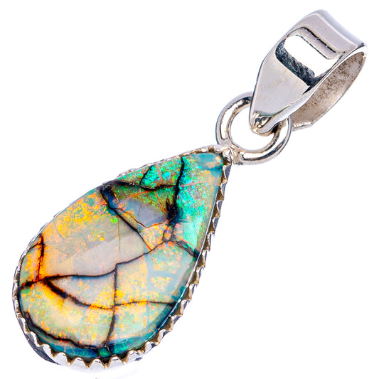 Sterling silver opal pendant with teardrop opal stone and loop bail, rainbow blue green