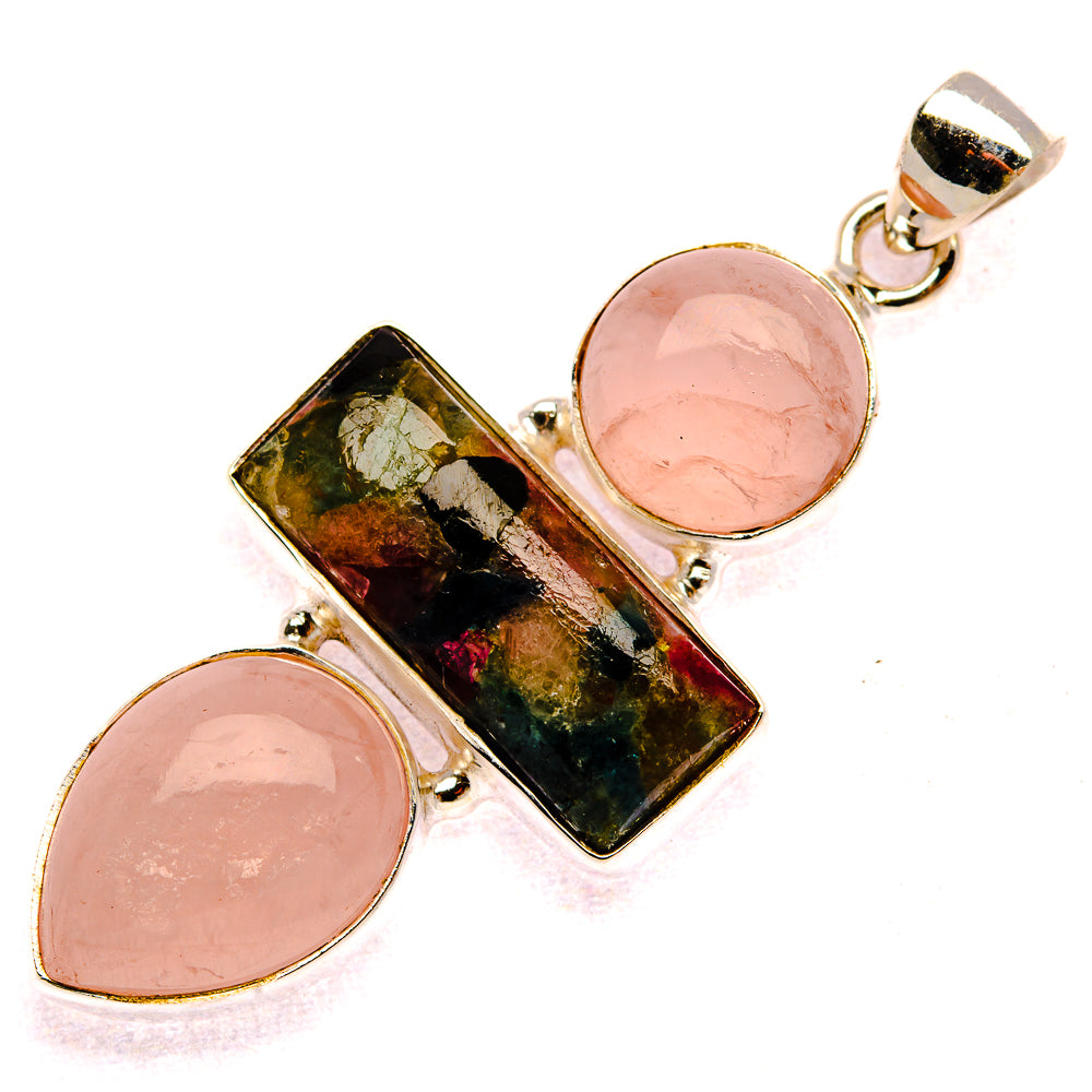 925 sterling silver pendant with pink round rose quartz and green tourmaline rectangle