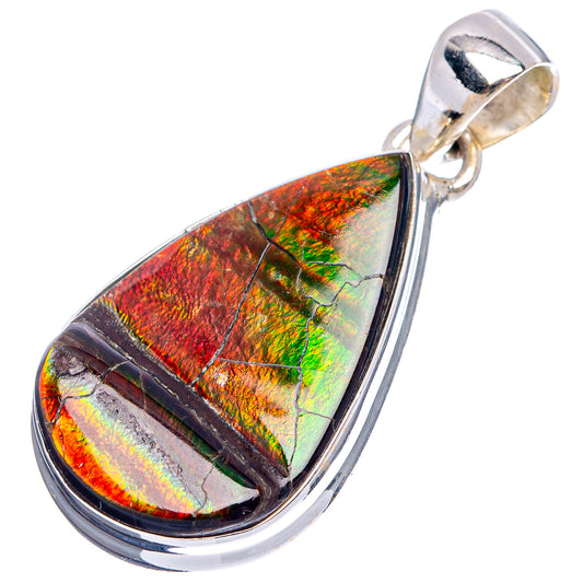 Rainbow teardrop ammolite pendant in .925 sterling silver, side view with hanging loop.