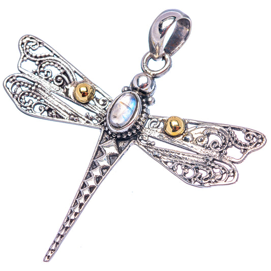 Sterling silver dragonfly pendant with rainbow moonstone cabochon and loop bail