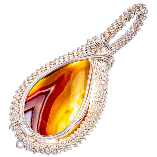 Silver-plated wire-wrap teardrop agate pendant, banded amber and brown cabochon