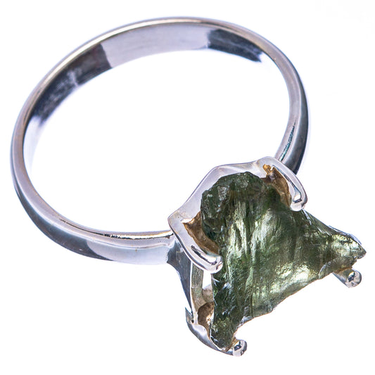 Sterling silver ring with green rough stone, open band view, four prongs