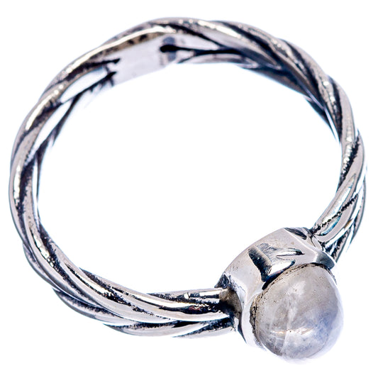 Rainbow moonstone ring with twisted silver band and round oval stone bezel, size 6.5