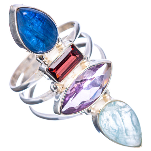 Sterling silver four-stone ring with blue oval, red emerald-cut, purple marquise, pale green stone