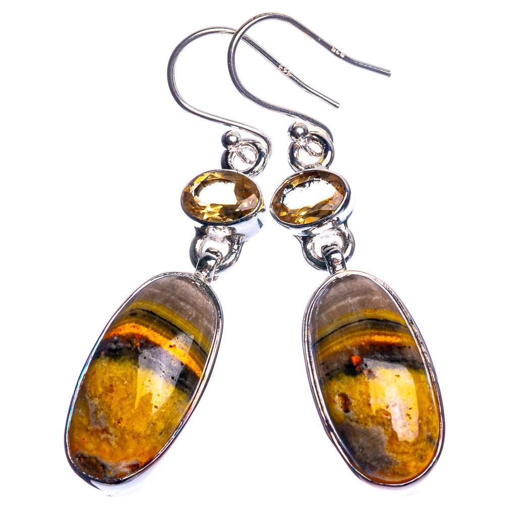 Sterling silver-tone long dangle earrings with oval bumble bee jasper and round yellow tops