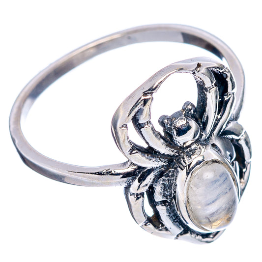 Sterling silver spider ring with oval rainbow moonstone cabochon, side profile band
