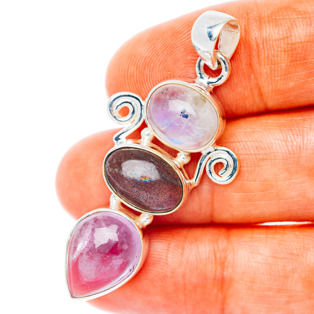 Premium Multi-Gem Rainbow Moonstone, Amethyst, Labradorite Pendant 1 3/4" (.925 Sterling Silver)