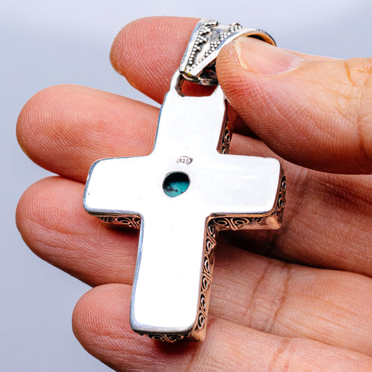 Tibetan Made Vintage Turquoise Cross Pendant 2 1/4" (.925 Sterling Silver)
