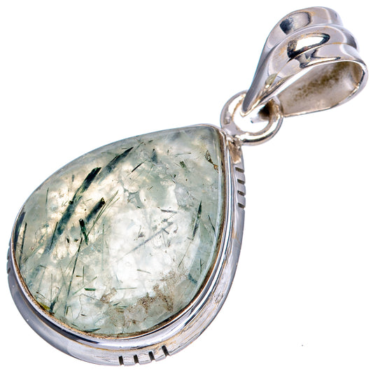 Sterling silver prehnite pendant, large teardrop stone with loop bail and beaded edge