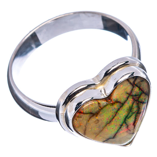 Sterling silver opal heart ring with multicolor green-orange stone and open band detail