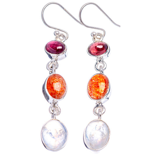 Sterling silver gemstone drop earrings with red, orange, and iridescent opal stones