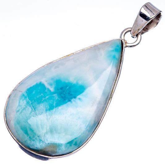 Teardrop larimar pendant with openwork bail in .925 sterling silver frame