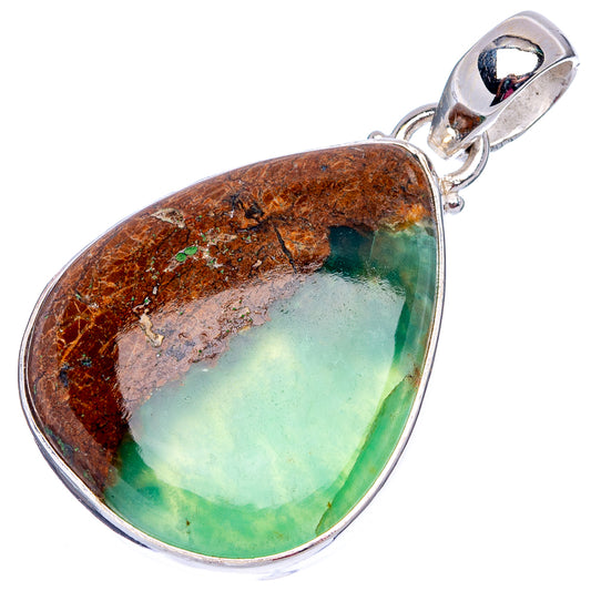 Boulder chrysoprase pendant .925 sterling silver, large teardrop green stone with rust band.