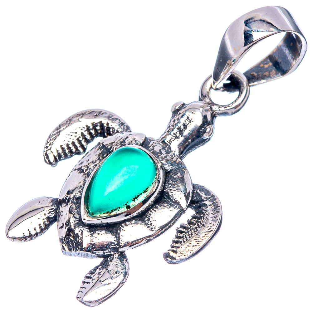 Sea turtle pendant with teal-green oval stone, silver bail loop for chain