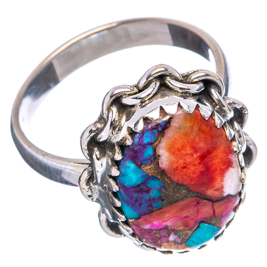 Sterling silver oval ring, ornate chain-link bezel with blue, purple, red turquoise inlay