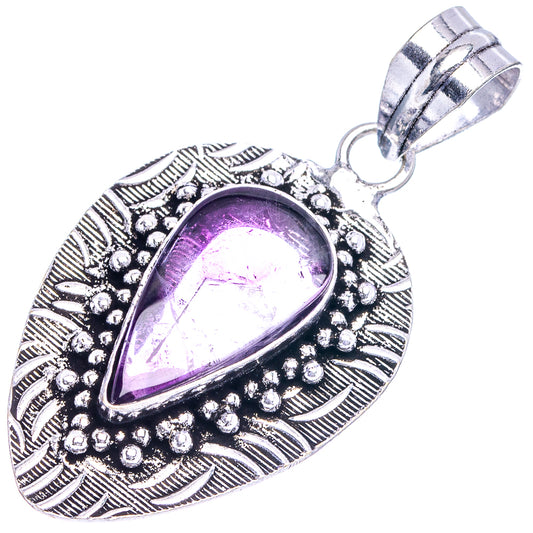 Amethyst pendant in German silver, teardrop gem with ornate etched bezel