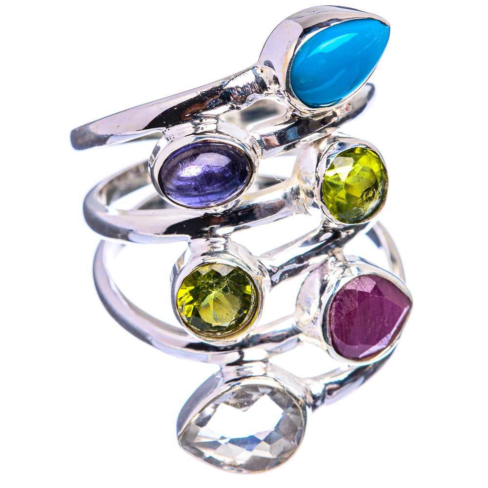 Silver ring with turquoise oval and round peridot-yellow, purple, blue, and clear stones