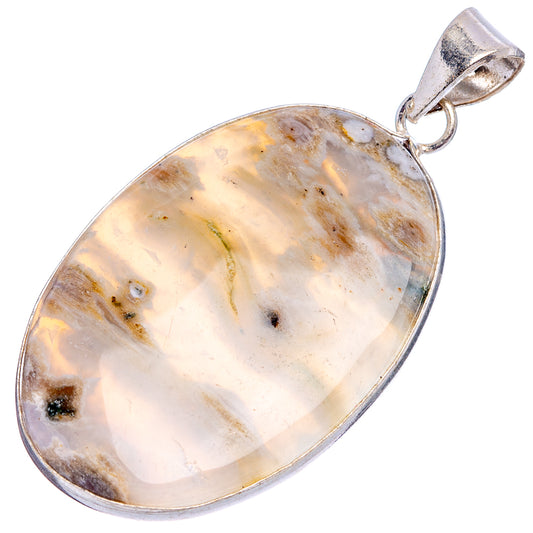 Oval ocean jasper pendant with silver-plated bail, white-lavender stone with golden-brown streaks