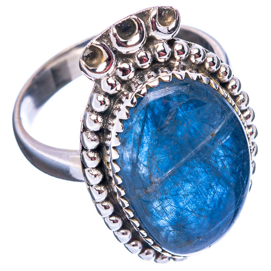 Oval kyanite gemstone sterling silver ring with raised beaded bezel, size 8.5