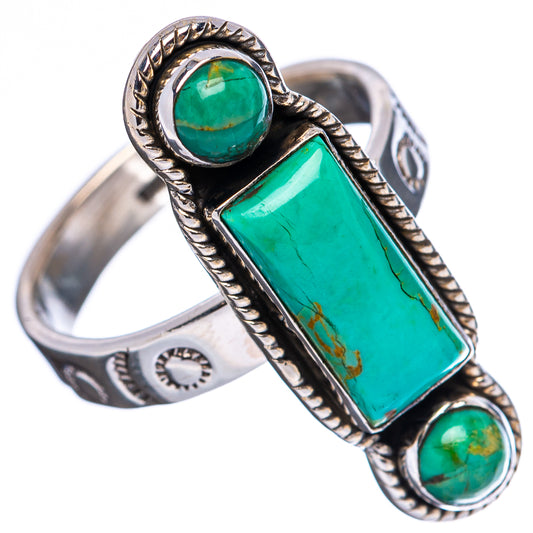 Silver-tone turquoise ring with rectangle center stone and round side stones, adjustable