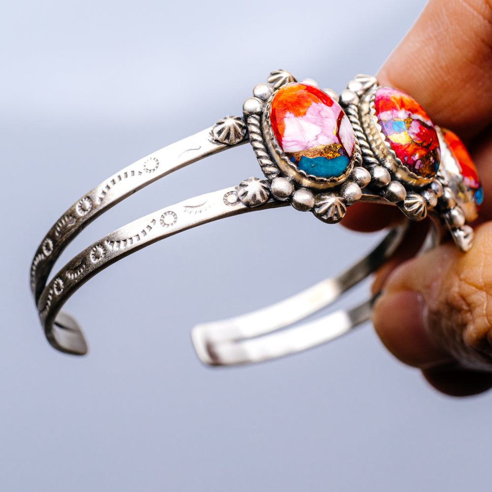 Pink Dahlia Turquoise Bracelet Adjustable (.925 Sterling Silver)