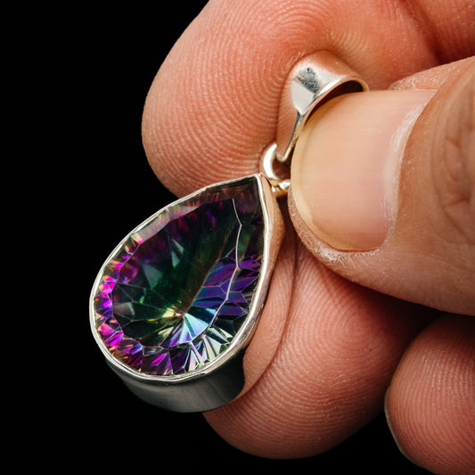 Teardrop mystic topaz pendant, .925 sterling silver side view with faceted rainbow gem