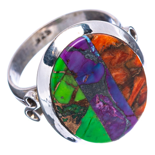 Oval sterling silver ring with tri-color green, purple, and orange mosaic inlay, bezel set