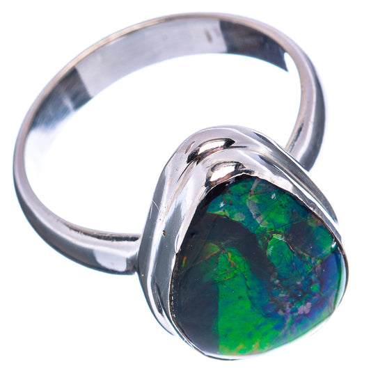 Sterling silver ammolite ring with oval green-blue iridescent stone, size 7