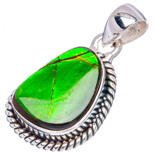 Oval green ammolite pendant with textured silver rope border and polished bail