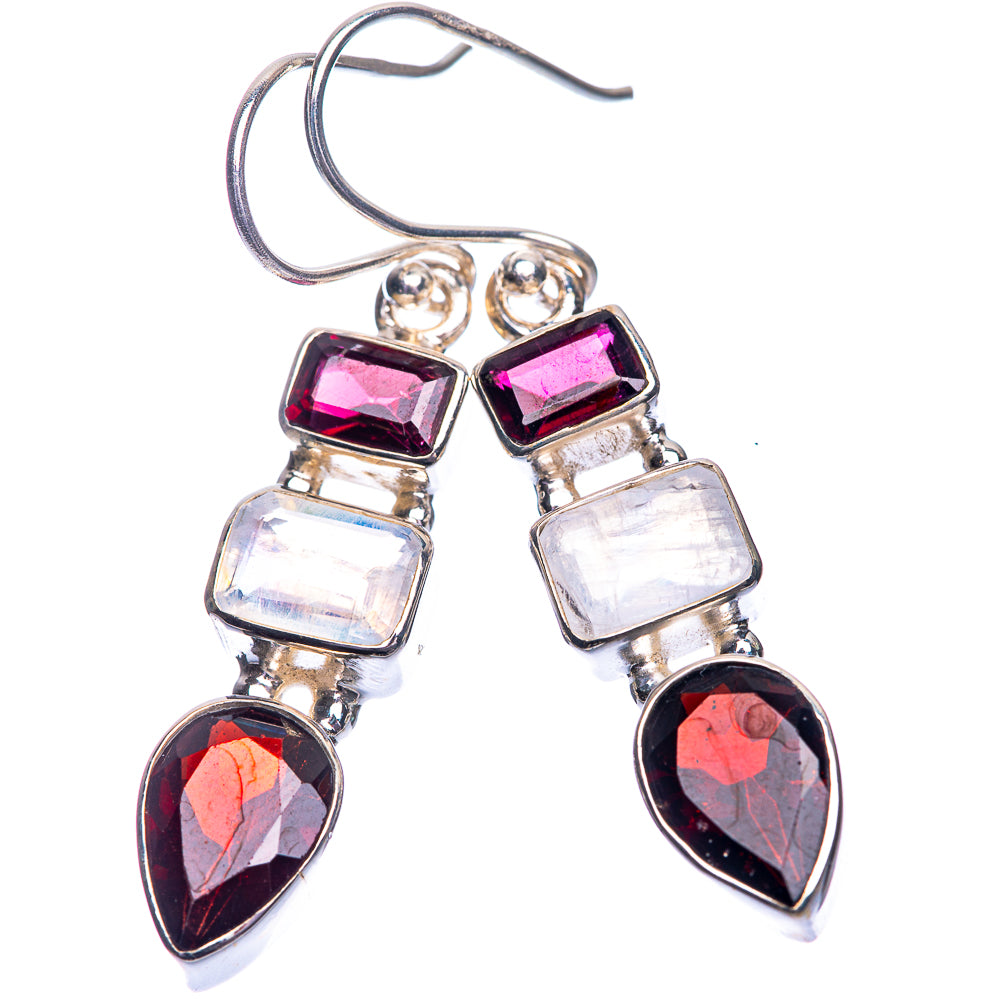 Garnet, Rainbow Moonstone Earrings 1 5/8" (925 Sterling Silver) E432520