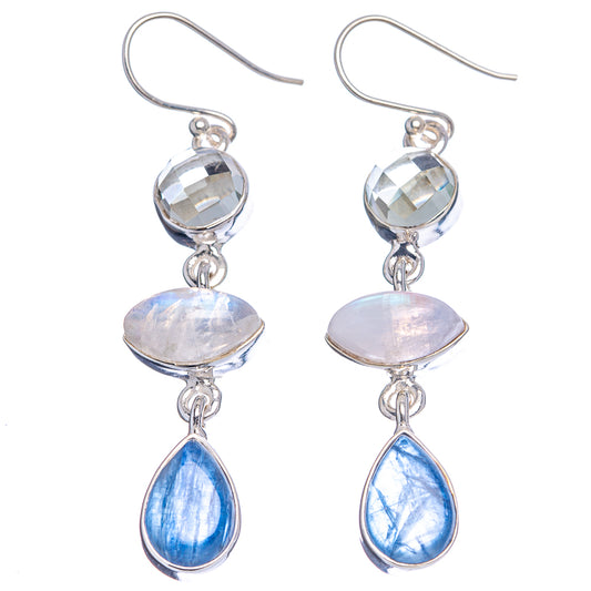 Sterling silver drop earrings with moonstone discs and blue teardrop stones