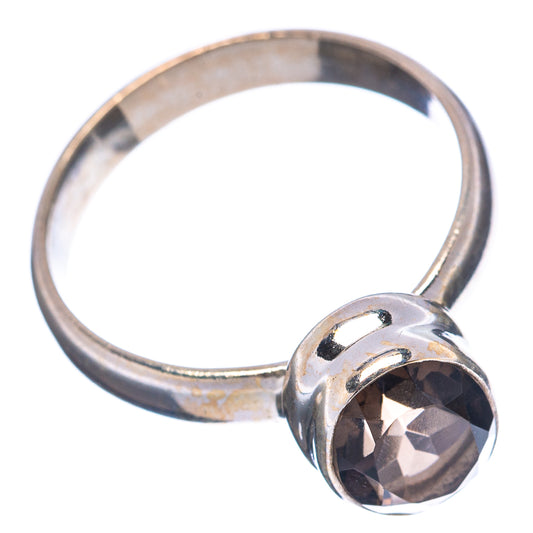 Smoky quartz .925 sterling silver ring, round dark stone bezel on curved band