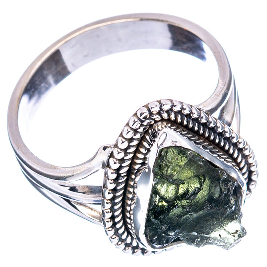 Sterling silver ring with green irregular stone bezel and raised beaded band
