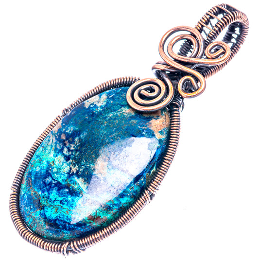 Shattuckite wire wrap pendant in oxidized copper with teardrop stone and spiral wire bezel