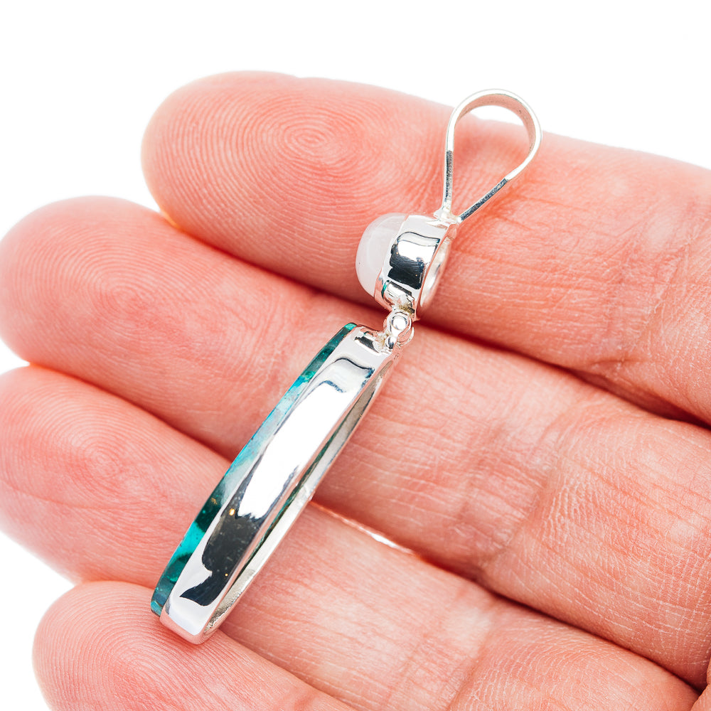 Premium Malachite In Chrysocolla, Rainbow Moonstone Pendant 1 7/8" (.925 Sterling Silver)