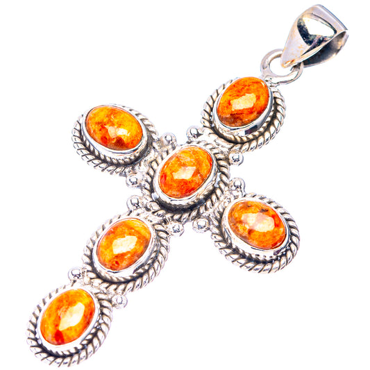 Sterling silver cross pendant with orange sponge coral oval stones and top loop